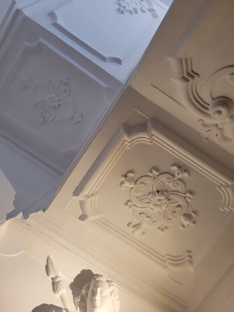 Restauratie lekkage stucwerk ornamenten verf verwijderen riet drager vertinnen raaplaag pleisteren lijsten trekken conservering Lodewijk XIV XVI