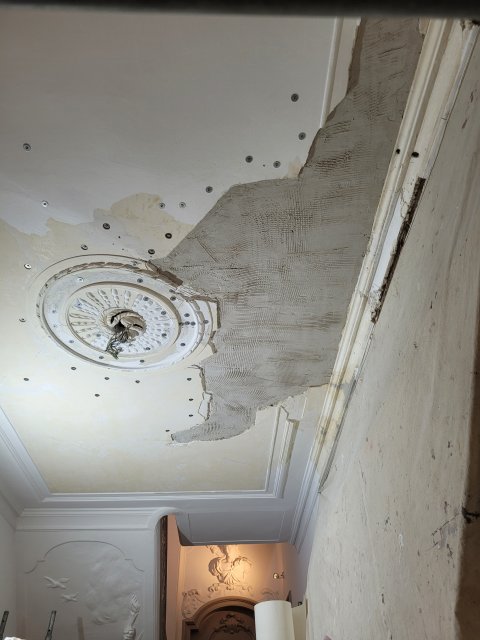 Restauratie lekkage stucwerk ornamenten verf verwijderen riet drager vertinnen raaplaag pleisteren lijsten trekken conservering Lodewijk XIV XVI